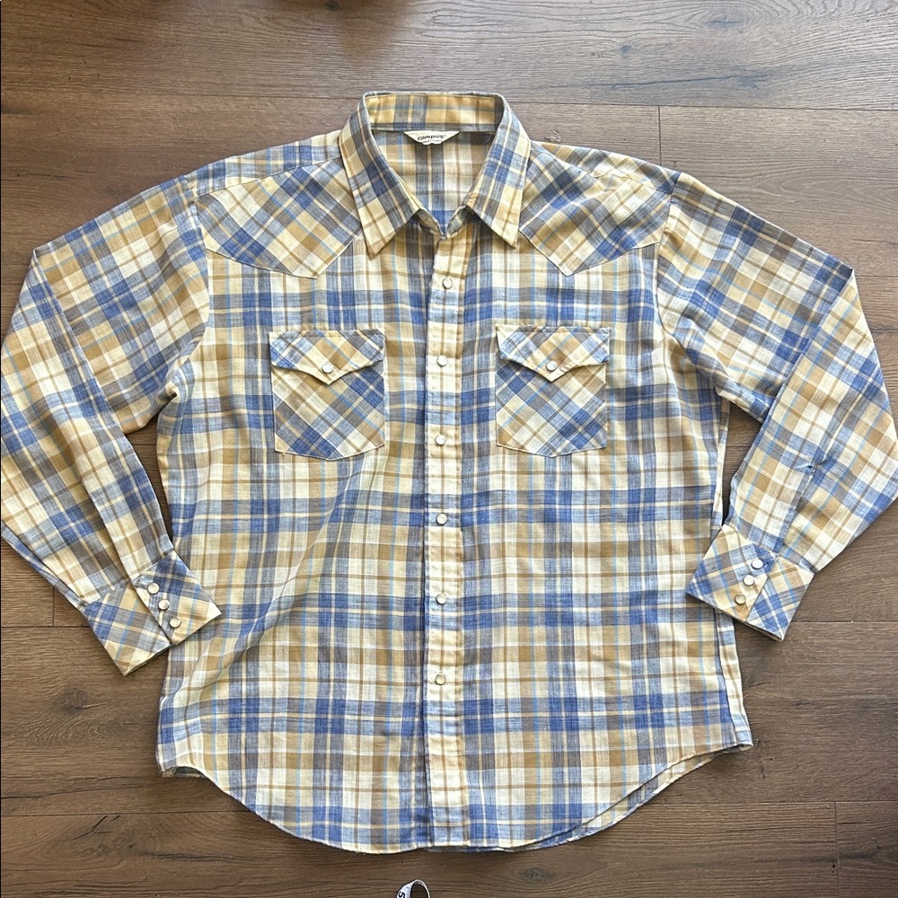 Campus Vintage Plaid Button-Down Shirt in Blue & Tan ! XL
